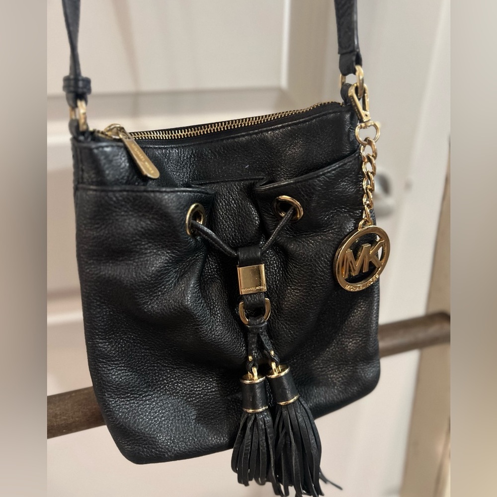 Michael Kors Camden Drawstring Black Crossbody Purse gold finishes
